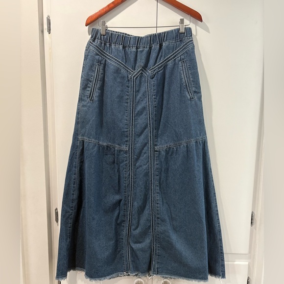 Ebossy Elegant Denim A-Line Maxi Skirt L pockets elastic waist - Picture 2 of 7